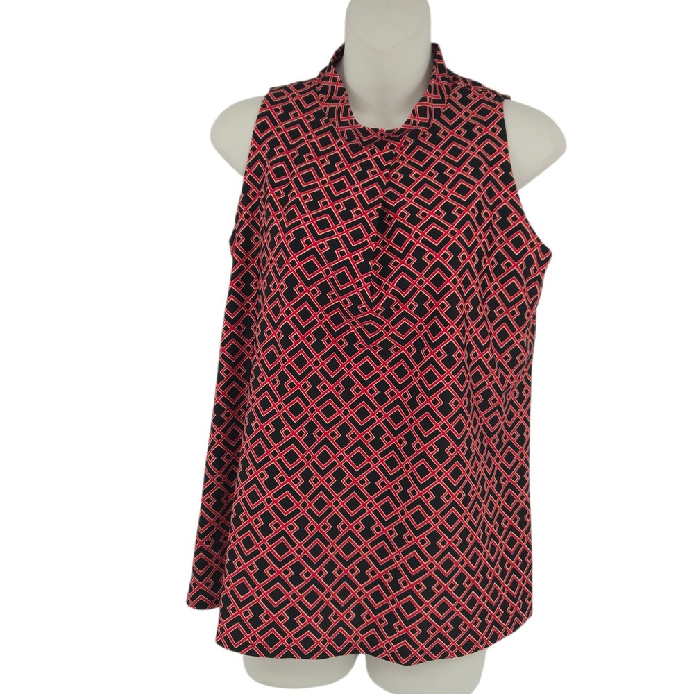 Jude Connally Sleeveless Blouse Women XS Red Black Geometric Print‎ Mod Preppy